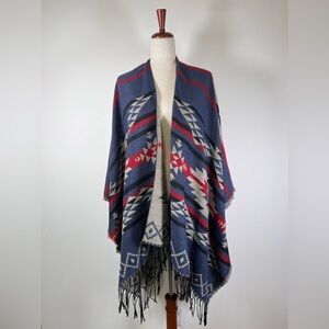 Aztec Southwestern Shawl Scarf Fringe Blue Red Geometric Poncho Cape Open Front